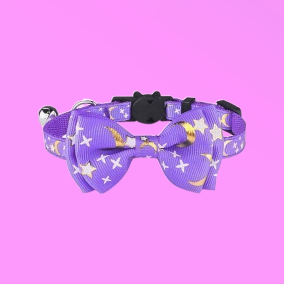 Purple Celestial Moon & Stars Bowtie Cat Collar - Picture 1 of 6